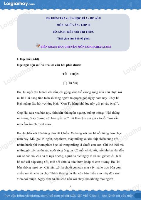 Đề thi giữa kì 2 Văn 10 Kết nối tri thức - Đề số 8